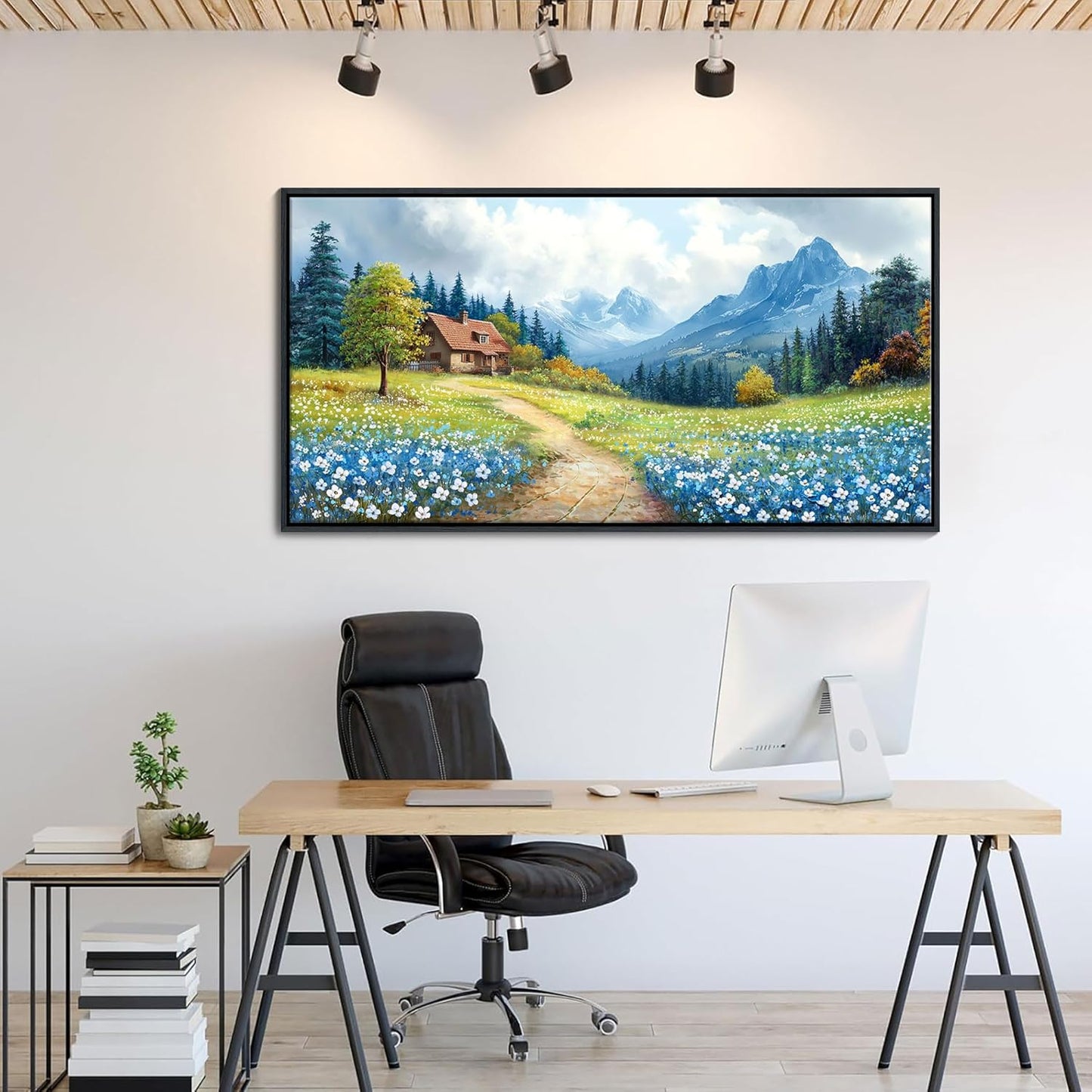 CHATYOUNG Framed Canvas Wall Art Paintings, Blue Misty Mountains Country Cottage White Flowers Spring Landscape Wall Pictures Large 20"X40" for Living Room Bedroom Bathroom Home Decor Gift