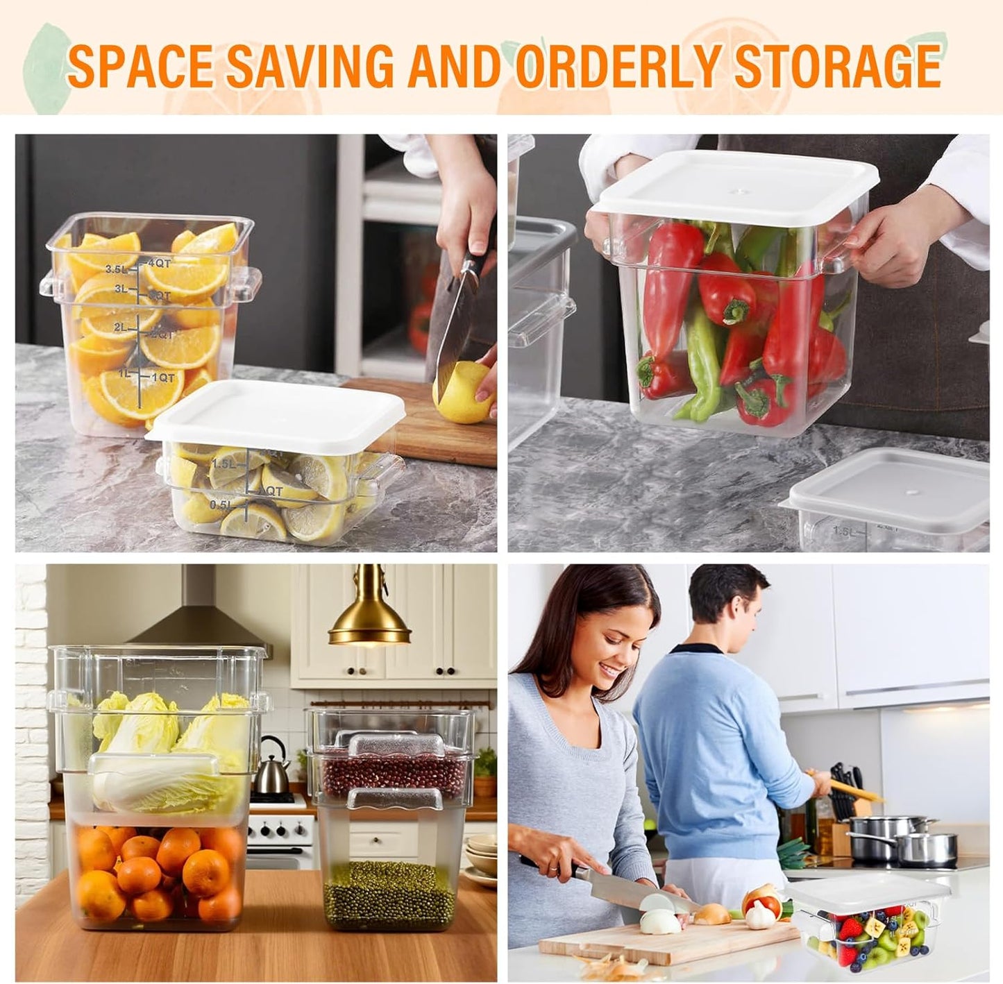 Food Storage Container with Lid (2 Pack 2Qt),Square Commercial Containers with Scales and Handles Polycarbonate Clear Food Storage for Kitchen Proof Dough Marinating Meat Fruits Vegetables