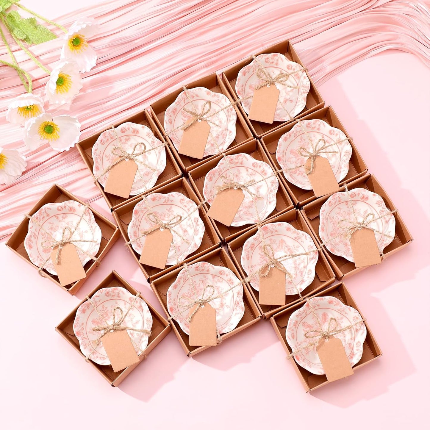 12 Pcs Wedding Favors for Guests Small Ceramic Bowl Bulk Gifts Set 3.3 Inch Floral Design Mini Dipping Bowl Sauce Dish with Cards Box for Bridal Baby Shower Birthday Guest Gift (Pink)