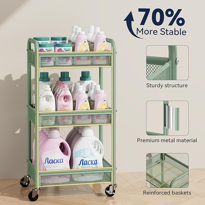 YASONIC 3 Tier Rolling Cart – Metal Utility Storage Carts with Wheels, Craft Carts Organizer with Hanging Cups, Hooks, Mesh Basket for Bedside Kitchen Office Art, Green