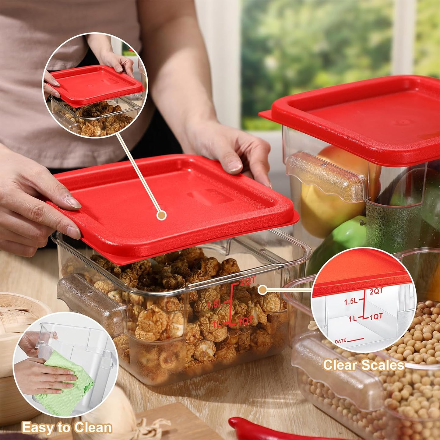Barydat 4 Pcs Food Storage Container with Lids 2Qt and 4Qt Square Commercial Containers with Scales and Handles Polycarbonate Clear Food Storage for Kitchen Proof Dough Marinating Meat(Red)
