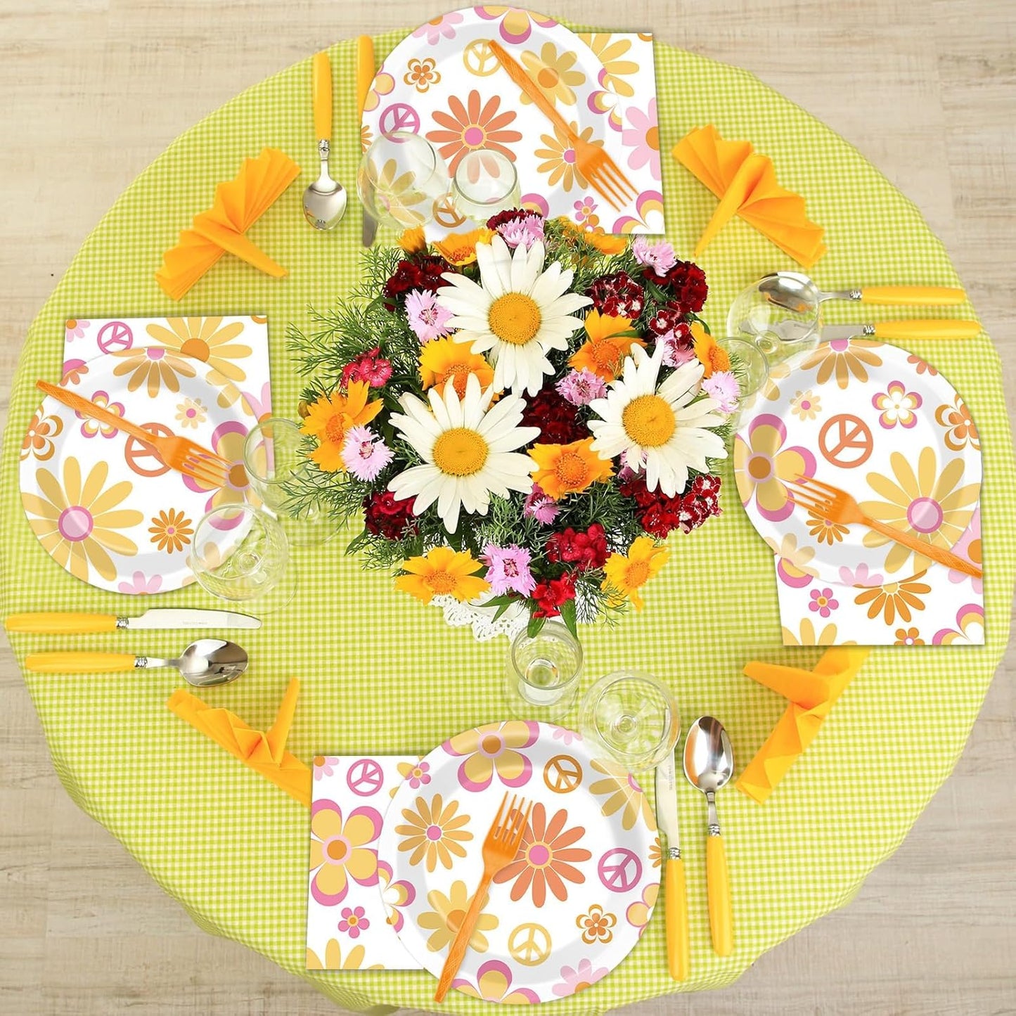ZOIIWA 200 PCS Groovy Birthday Tableware Disposable Hippie Daisy Flower Plates Napkins Party Supplies 60s 70s Two Retro Boho Dinnerware Set Hippie Party Baby Shower Decoration Serve 50 guest