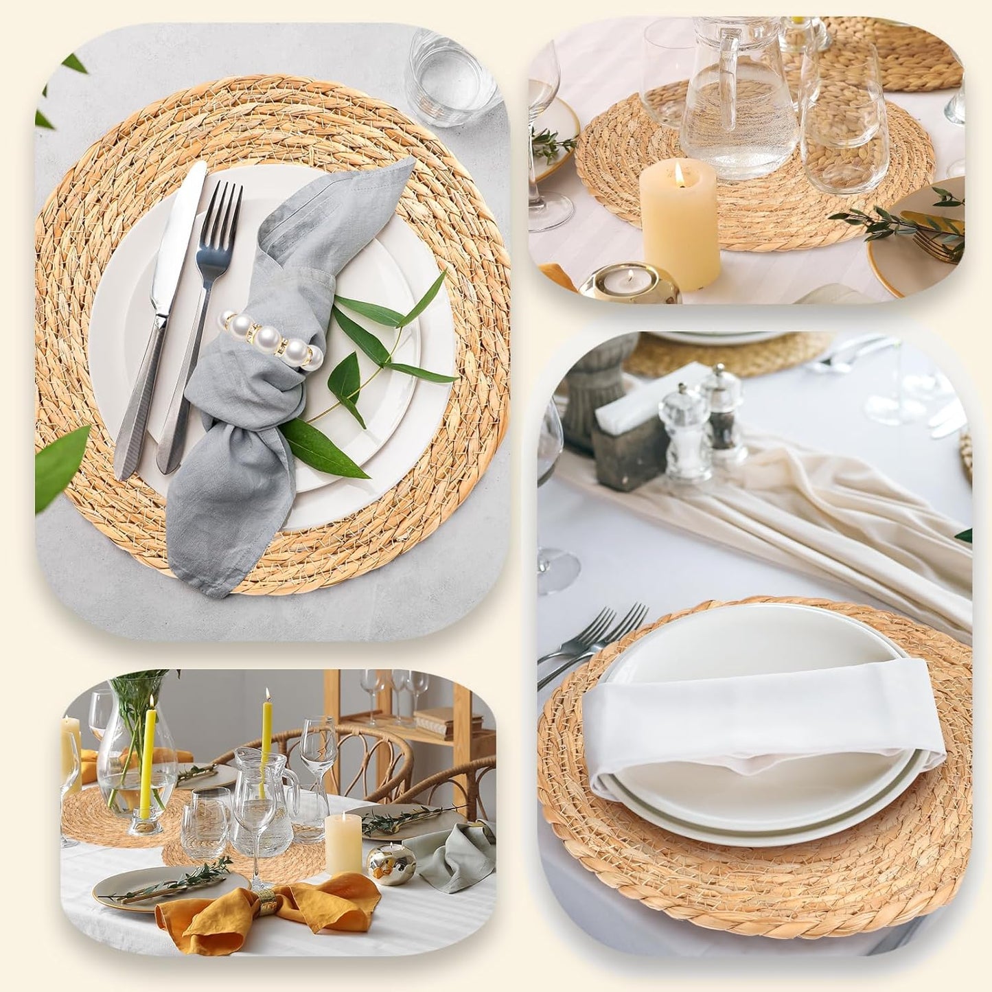 10 Pcs 12 Inch Round Woven Placemats with 10pcs Pearl Napkin Rings，Rattan Placemats Bulk Boho Woven Chargers Natural Water Hyacinth Place Mat for Wedding Party, Dinner Table