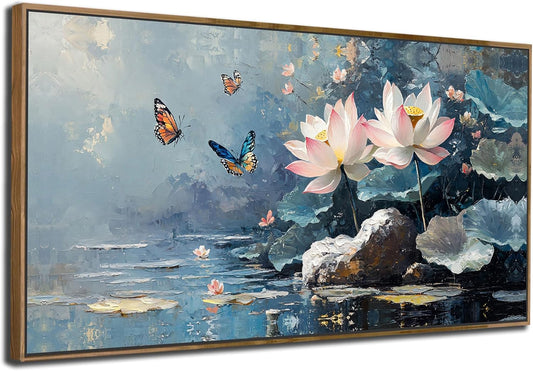 Ardemy Framed Canvas Wall Art Lrage Lotus Floral Pictures Wall Decor Living Room Flower Paintings Artwork for Walls Bedroom Kitchen Dining Room Home Office, 48"x24"