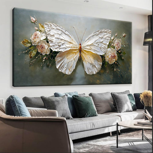 Large Wall Art Decor Abstract White Simple Butterfly And Rose Wall Art For Living Room Bedroom Office Kitchen Home Wall Decor 29x58 Inch Modern Abstract Artwork