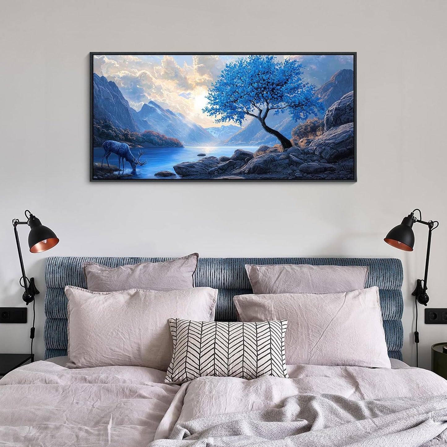 HKDGOKA Blue Tree Landscape Wall Art - Mountain Lake Clouds Sunset Framed Painting Eagles & Deer Scenery Wall Picture for Artwork for Living Room Kitchen Farmhouse Modern Bedroom Decor 20x40 IN
