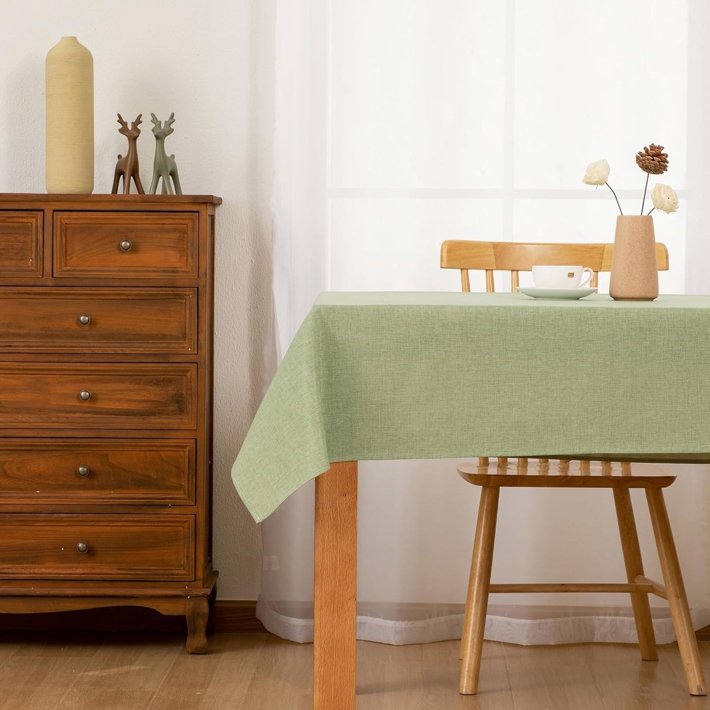 Hiasan 2 Pack Faux Linen Rectangle Tablecloth - Wrinkle and Stain Resistant Washable Table Cloth for Kitchen Dining Room Holiday Table Cover for Party Dinner, Green, 52 x 70 Inch