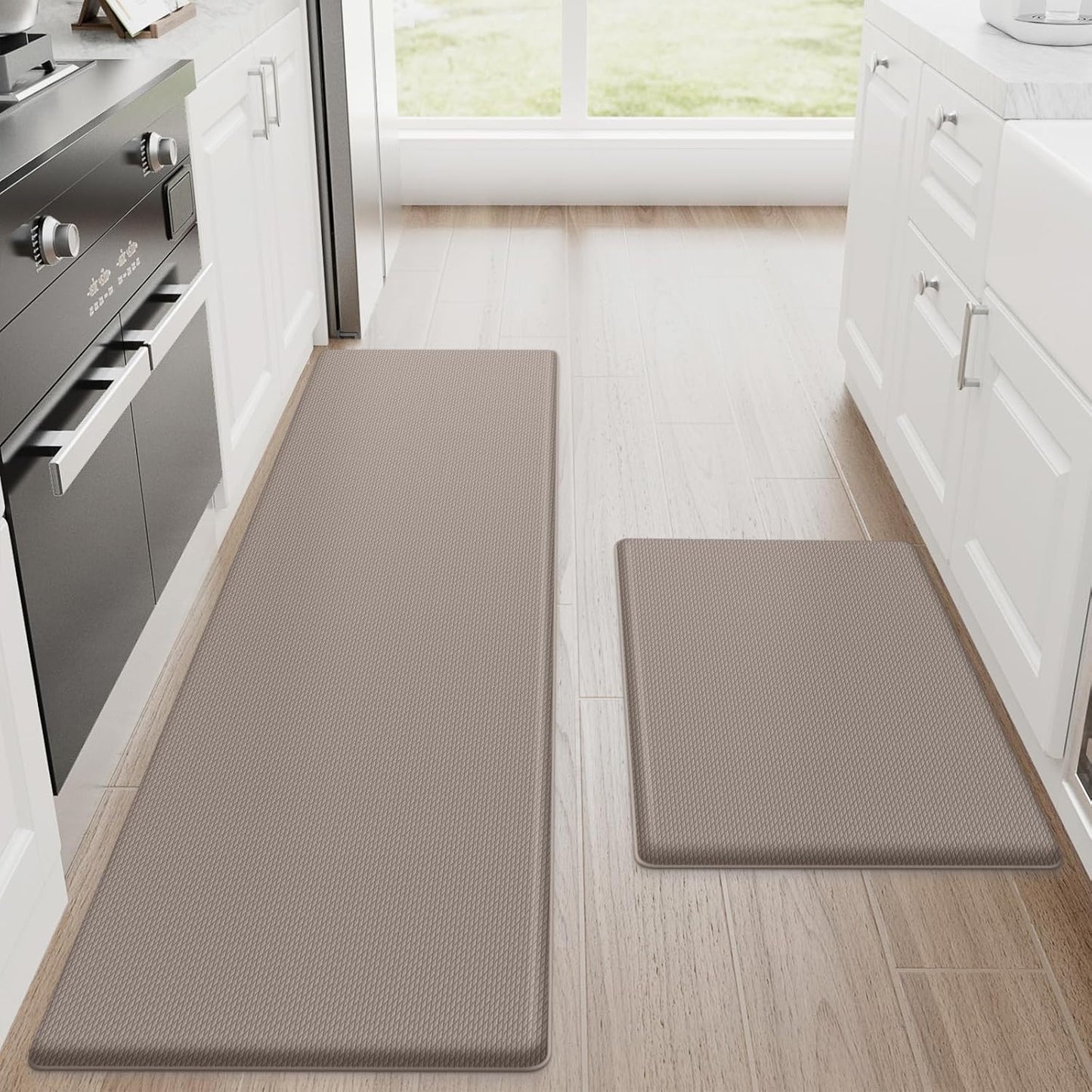 StepRite Kitchen Mats, 2PCS Kitchen Rugs, Cushioned Anti Fatigue Kitchen Mats for Floor, Non-Slip Standing Desk Mat, Waterproof Kitchen Rug Set for Kitchen, Floor, Office, 17.3"x30"+17.3"x59", Khaki