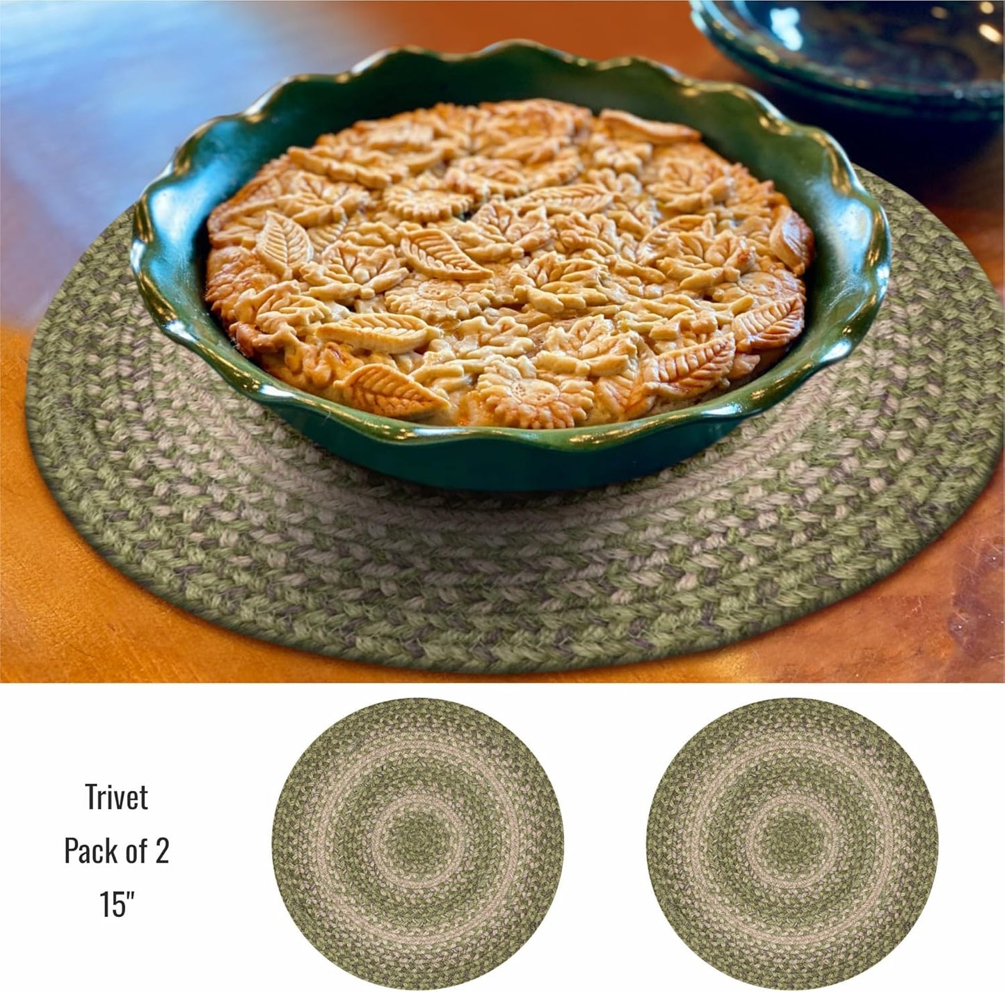 Homespice Grassland Round Braided Placemats, Warm Country Rustic Decor, Set of 2, 15", Green Jute Table Mats - Vibrant Colors, Durable, Easy to Clean and Protects Furniture