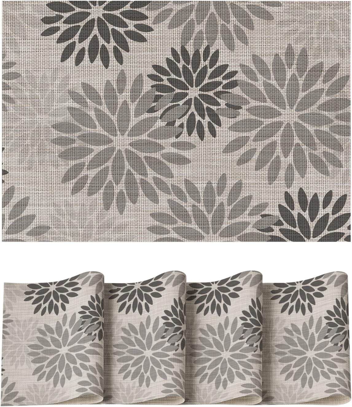 Artoid Mode Floral Vinyl Plastic Placemats Set of 4, 12x18 Inch Washable Non-Slip PVC Place Mats for Party Kitchen Dining Decor, Grey
