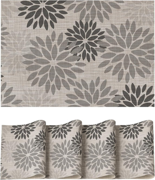 Artoid Mode Floral Vinyl Plastic Placemats Set of 4, 12x18 Inch Washable Non-Slip PVC Place Mats for Party Kitchen Dining Decor, Grey