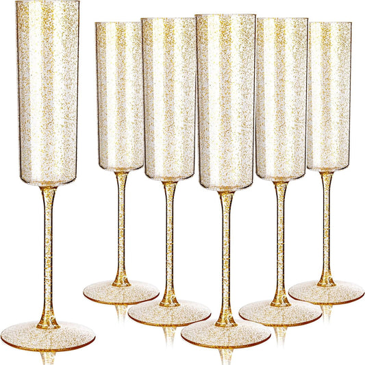 YOUBET 24 Pack Plastic Champagne Flutes - 6 Oz Gold Glitter Disposable Champagne Glasses - Square Plastic Wine Cups Wedding Toasting for Party Birthday Anniversary Thanksgiving