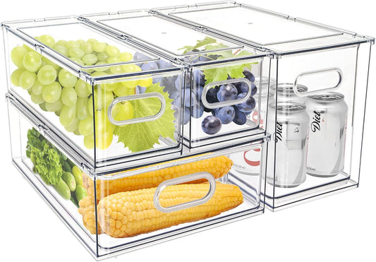 MANO Fridge Drawer Pull Out Stackable Bins with Handle Clear Refrigerator Drawers Organizer Food Storage Container Box with Dividers Plastic Produce Saver for Pantry, Cabinet, Kitchen, Clothes（4Pack）