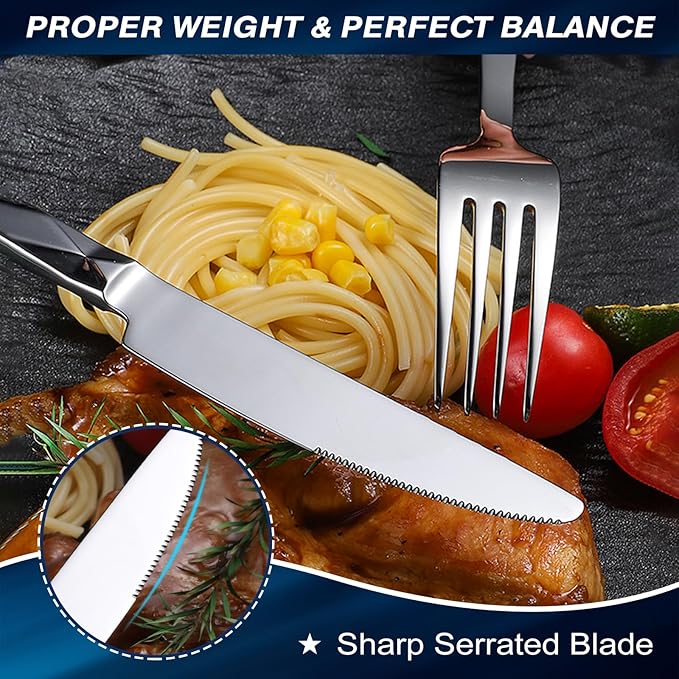 40-Piece Silverware Set, Luxury Silverware Set for 8, Stainless Steel Flatware with Diamond Cut Pattern, Mirror Polished Utensil Sets, Dishwasher Safe