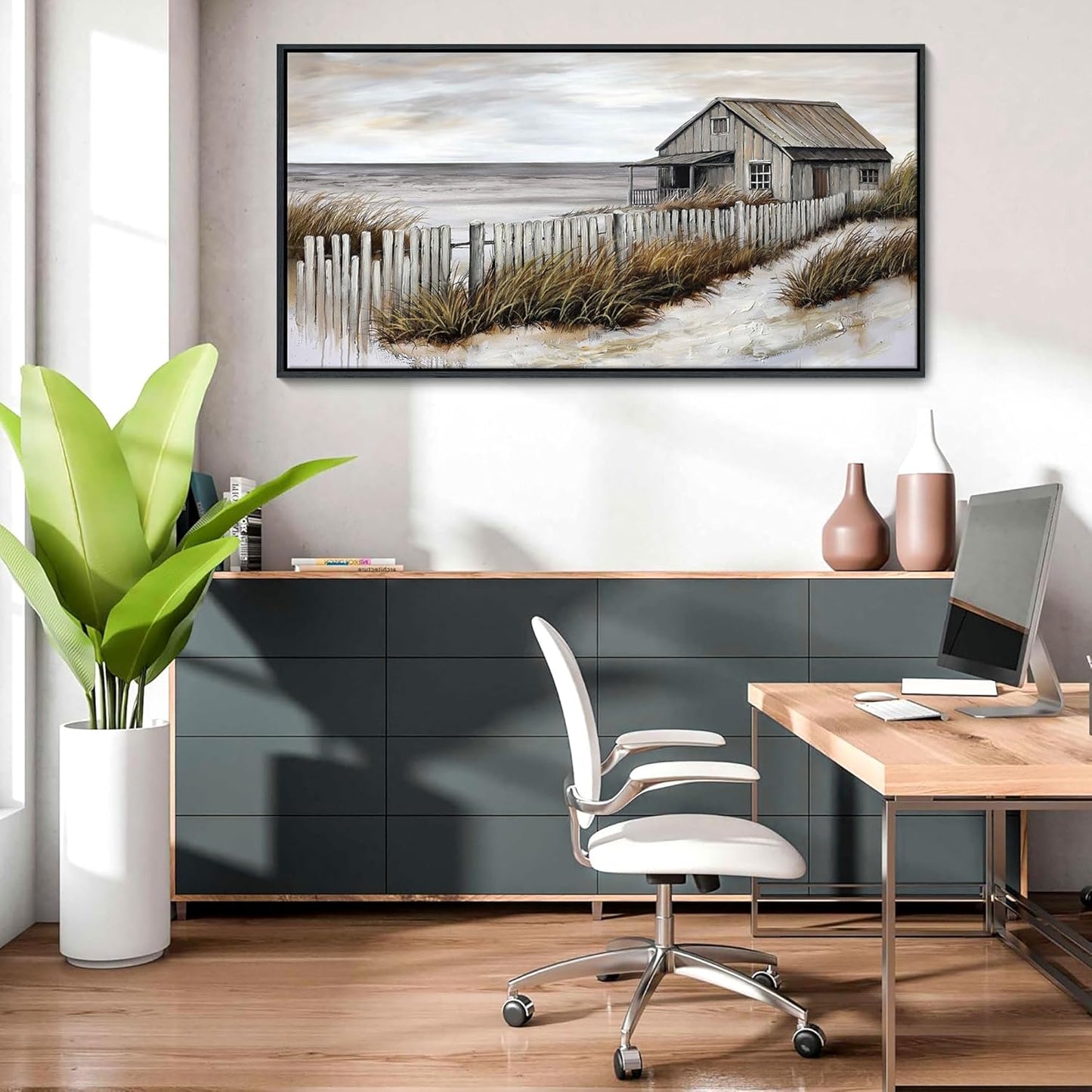 YDYSUNE Village Coastal Wall Art for Living Room - Retro Beach Fenced House Canvas Wall Decor for Home Artwork Painting Print for Bedroom Decoration Kitchen Office Hang a Picture Framed 24x48 Inches