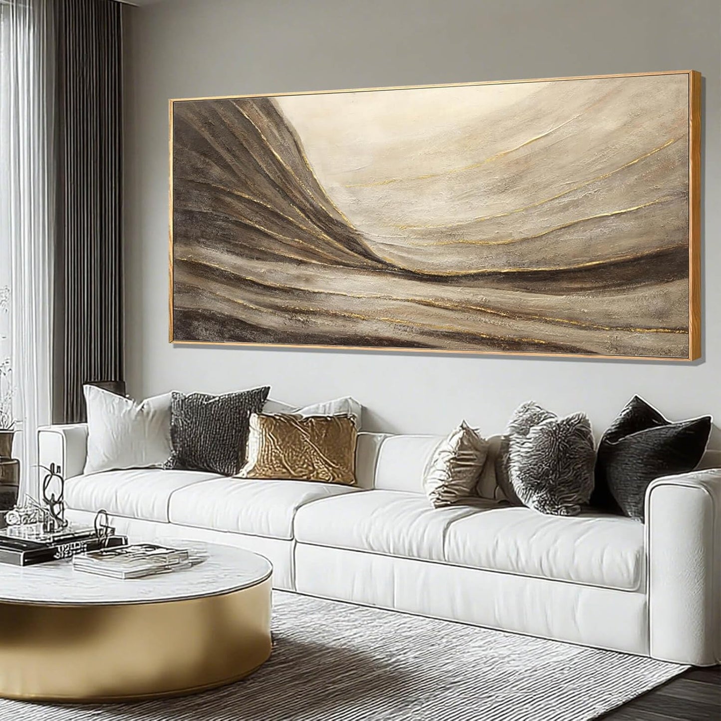 MLART99 Brown And Gold Wave Minimalist Artwork Textured Wall Art Rustic Abstract Oversized Decoration - 32x70 Inch Extra Large Contemporary Canvas for Living Room Entryway Decor