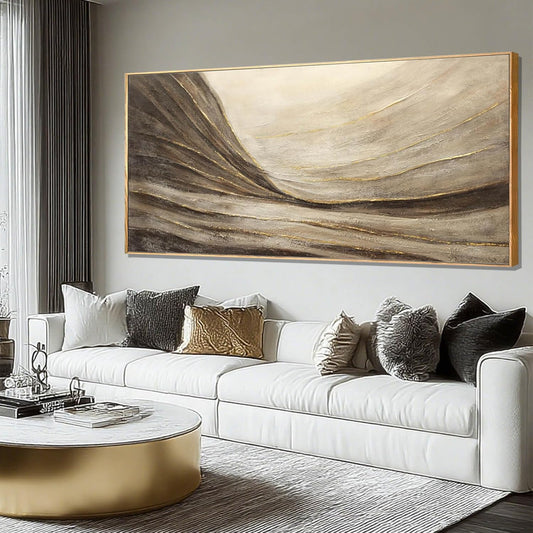 MLART99 Brown And Gold Wave Minimalist Artwork Textured Wall Art Rustic Abstract Oversized Decoration - 32x70 Inch Extra Large Contemporary Canvas for Living Room Entryway Decor