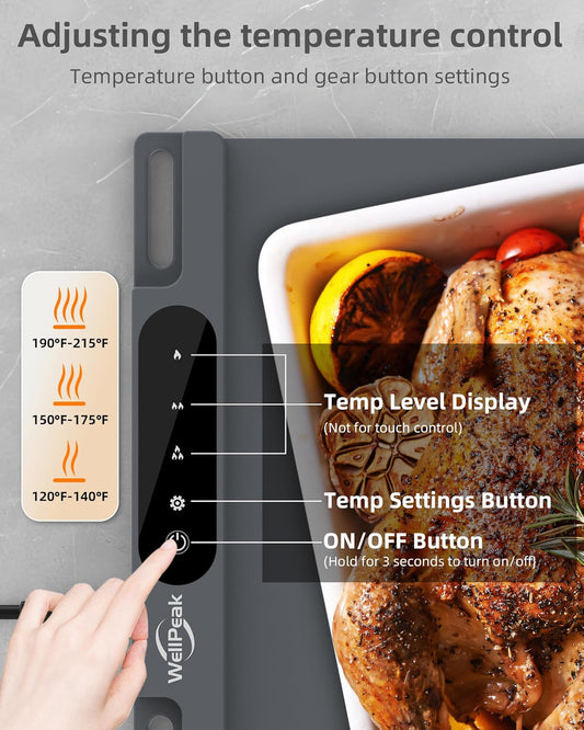 Electric Warming Mat for Food - Full Surface Fast Heating Silicone Tray with 3-Level Temperature, Auto-Off, Raised Feet for Table Protection, Versatile Warmer for Gatherings, Party, Home Buffet, Gray