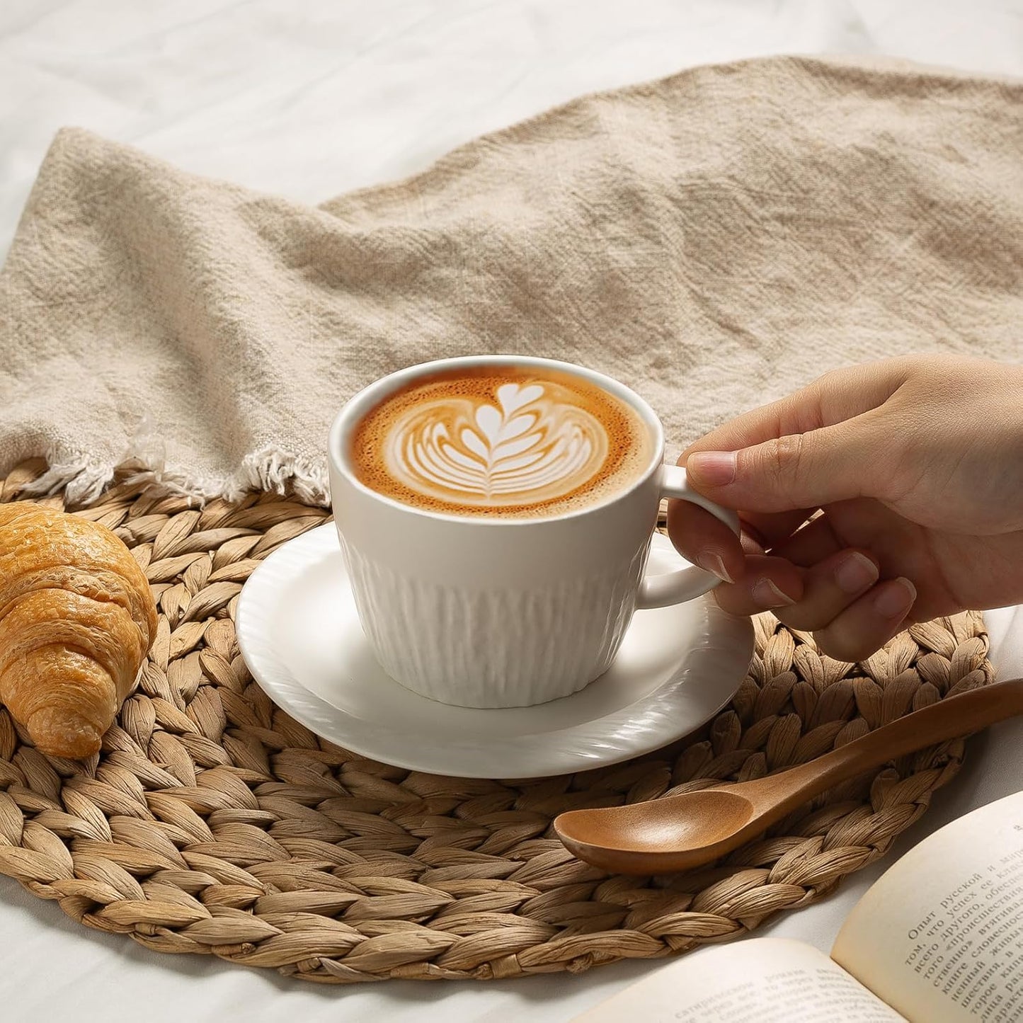 7.4oz Espresso Cups Set of 4 - Ceramic Cappuccino Cups with Saucers - Microwave and Dishwasher Safe, Perfect For Tea, Latte - Porcelain Drinkware for Kitchen or Cafe (white)