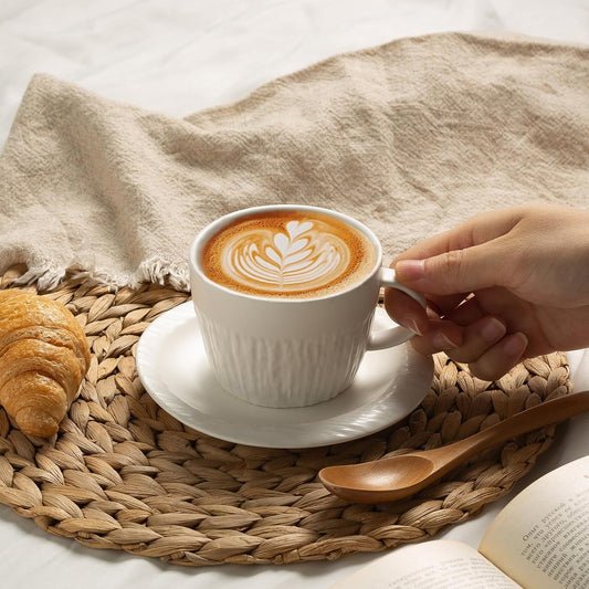 7.4oz Espresso Cups Set of 4 - Ceramic Cappuccino Cups with Saucers - Microwave and Dishwasher Safe, Perfect For Tea, Latte - Porcelain Drinkware for Kitchen or Cafe (white)