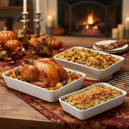 ONEMORE Casserole Dishes for Oven, Ceramic Baking Dish Set of 3 with Roasting Racks Rectangular Large Deep Lasagna Pan without Handles Porcelain Baking Pan with Rack for Oven Cooking (3QT/2.1QT/1.3QT)