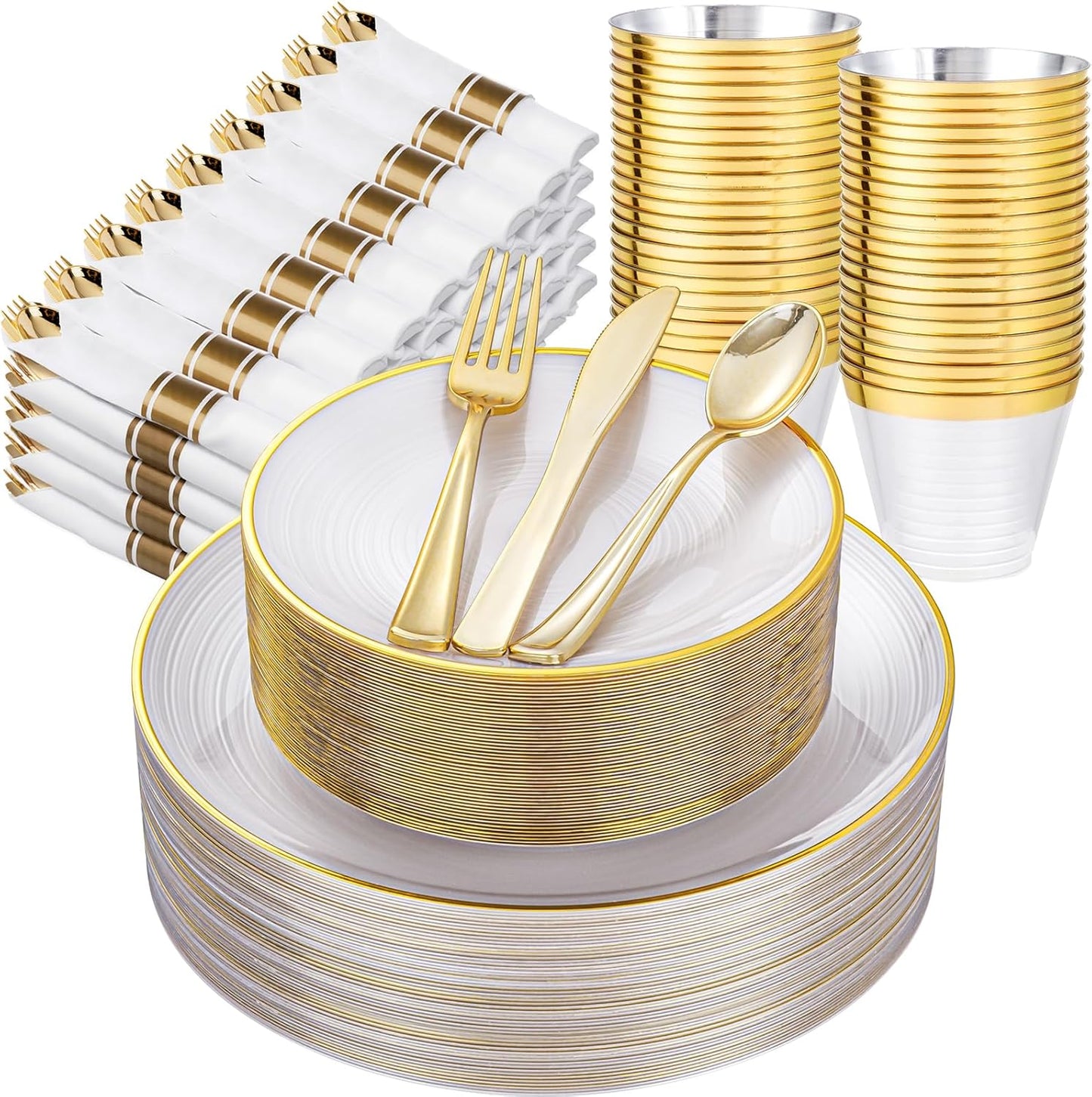 Morejoy 350PCS Pearl White and Gold Plastic Plates - Disposable Gold Party Plates & Pre Rolled Napkins with Cutlery for 50 Guests, 100Plates, 150Silverware, 50Cups, 50Napkin for Party & Thanksgiving