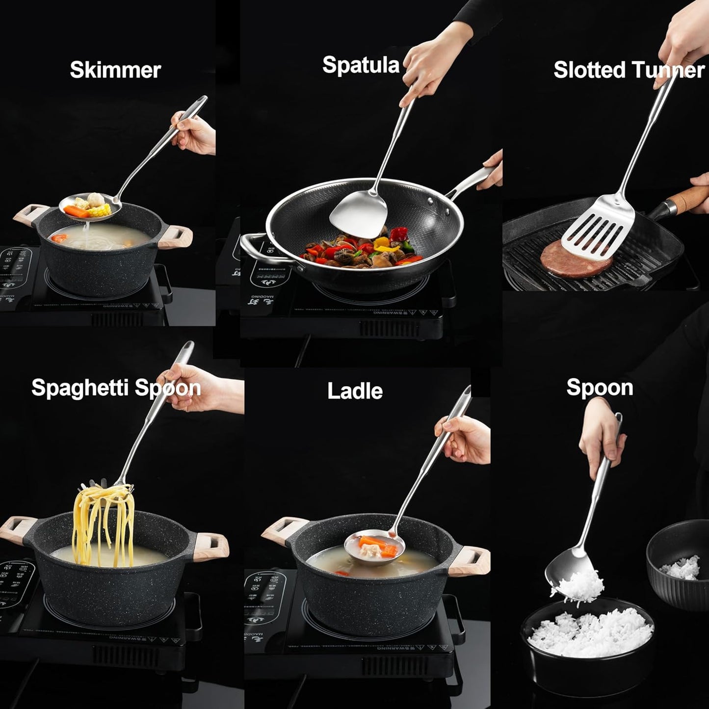 18/10 Stainless Steel Kitchen Utensils, 9-Piece All Metal Cooking Utensil Set 14” with Solid Spoon, Slotted Spoon, Fork, Spatula, Ladle, Skimmer, Slotted Turner, Spaghetti Server, Large Spoon