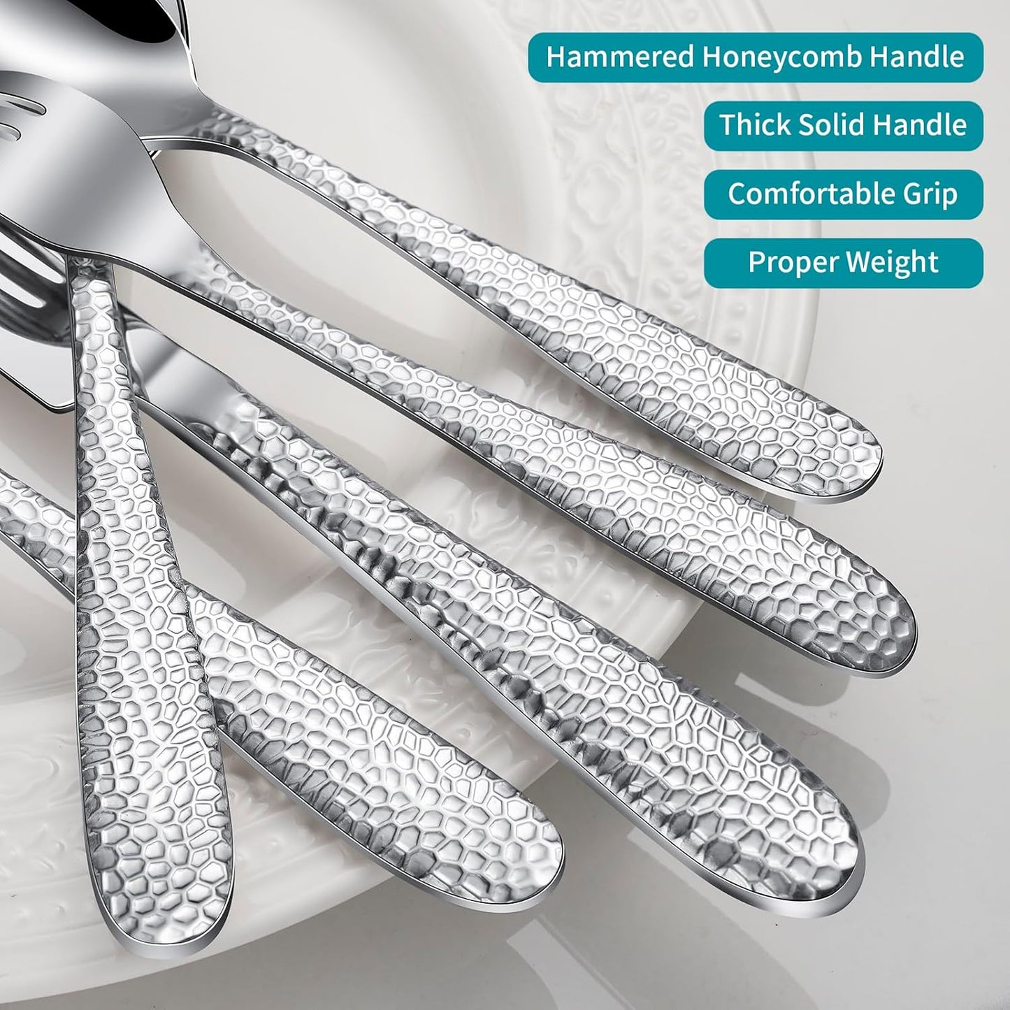 Hammered Silverware Set, 20-Piece Heavy Duty Stainless Steel Flatware Sets for 4, Food-Grade Cutlery Set for Home Restaurant, Mirror Polished, Dishwasher Safe