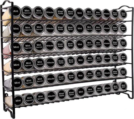 SWOMMOLY Spice Rack Organizer with 72 Empty Square Spice Jars, 340 Spice Labels with Chalk Marker and Funnel Complete Set,for Countertop,Cabinet or Wall Mount, Black