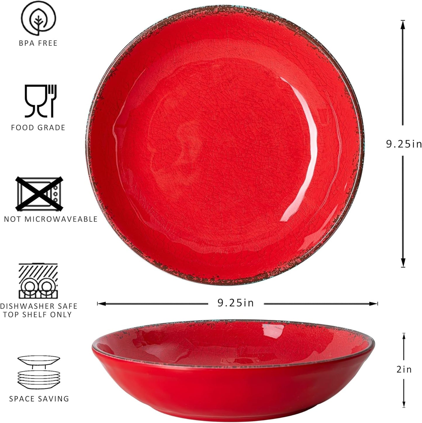 LEHAHA Vintage Melamine Pasta Bowls, Set of 6, 9.25 inch Large Salad Bowls, Unbreakable 100% Melamine Serving Bowls Set for Dinner, 42 oz Wide and Shallow Bowls Set, Dishwasher Safe, Red…