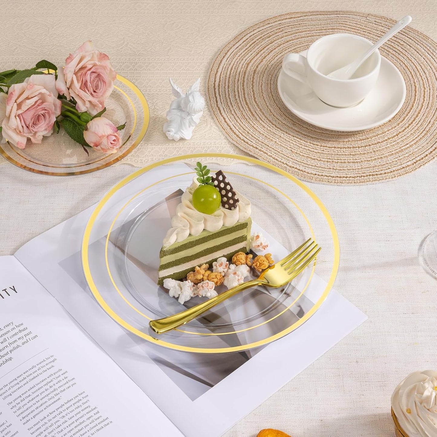 350 PCS Transparent Base With Gold Edge Plastic Dinnerware Set for 50 Guests, 100 Plates for Party, 50 Pre Rolled Napkins with Gold Silverware, 50 Cups