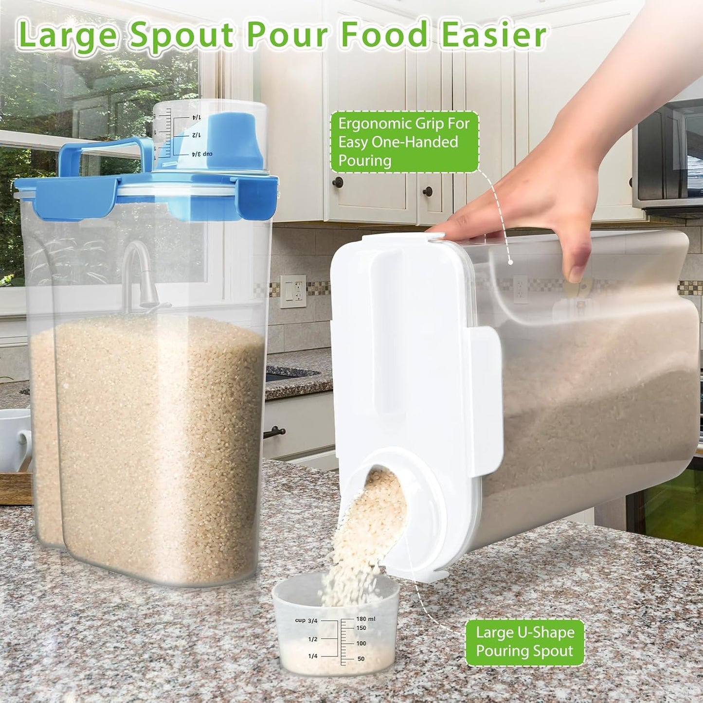 Rice Storage Container, 5 to 10lb Dry Food Airtight Dispenser, Pet Dog Cat Food Canister, BPA Free Clear Plastic Kitchen and Pantry Bin for Oatmeal, Cereal, Pasta, Flour Pack of 2 Blue