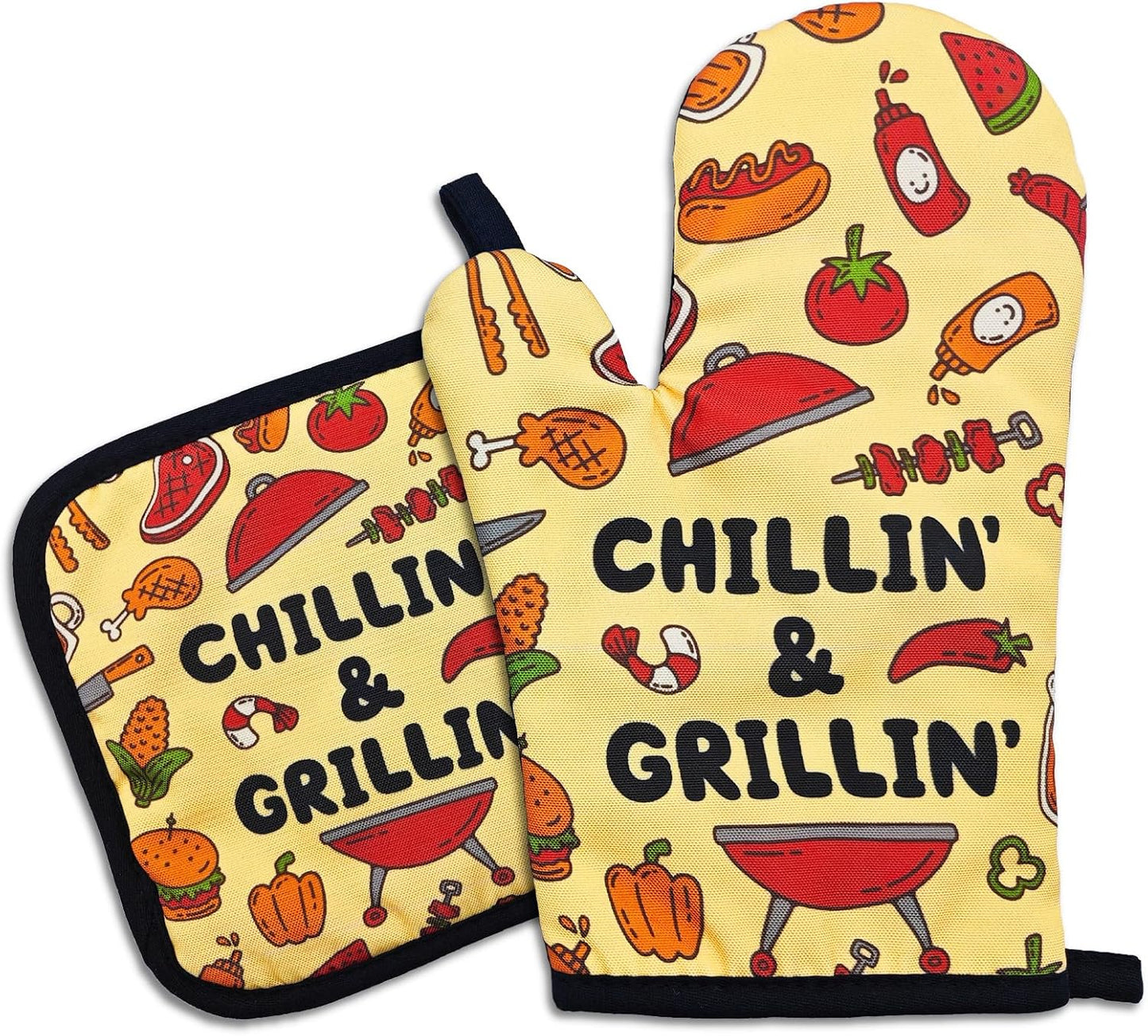 Funny BBQ Oven Mitts and Pot Holders（Set of 2） Chillin' and Grillin' Silicone Non-Slip Oven Mitts Funny Kitchen Heat Resistant Mitts Gifts for Hostess Chef Grilling Master BBQ Lover Friend