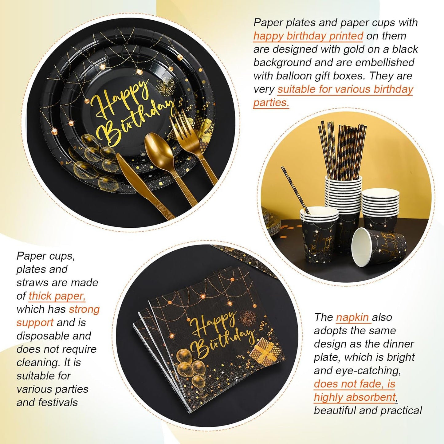Sawysine 202 Pcs Black and Gold Happy Birthday Party Supplies Disposable Dinnerware Set 50 Plates 25 Cups 25 Napkins 25 Plastic Forks 25 Knives 25 Spoons 25 Straw Flag Tablecloth to Serve 25 Guests
