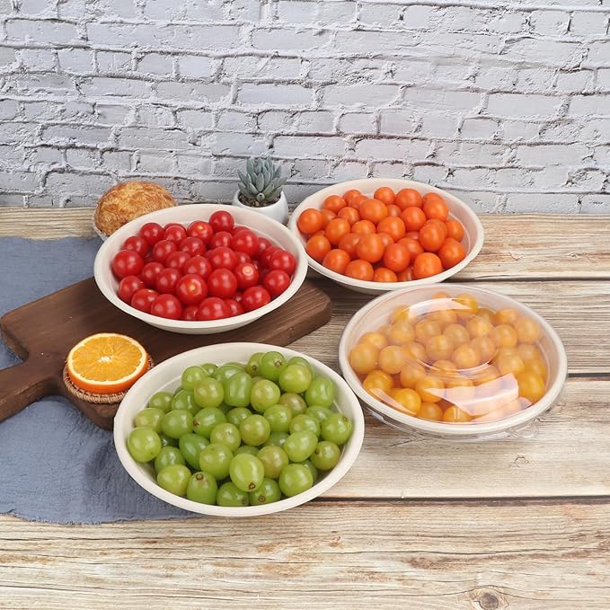 24 oz Round Disposable salad bowls with lids, Sugarcane Fiber Paper Bowls take away food containers Plant Fibers Freezer Safe 50 Pack