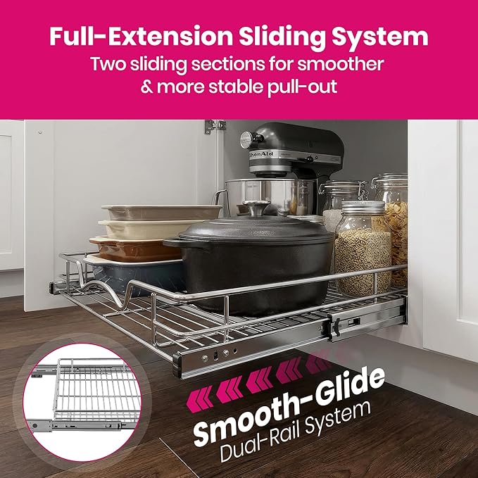 HOLDN’ STORAGE Pull Out Cabinet Organizer, Heavy Duty Caddy w/Lifetime Limited Warranty -30”W x 21”D - Requires At Least 31-1/4” Cabinet Opening, Steel Metal Cabinet Drawers Slide Out, Chrome