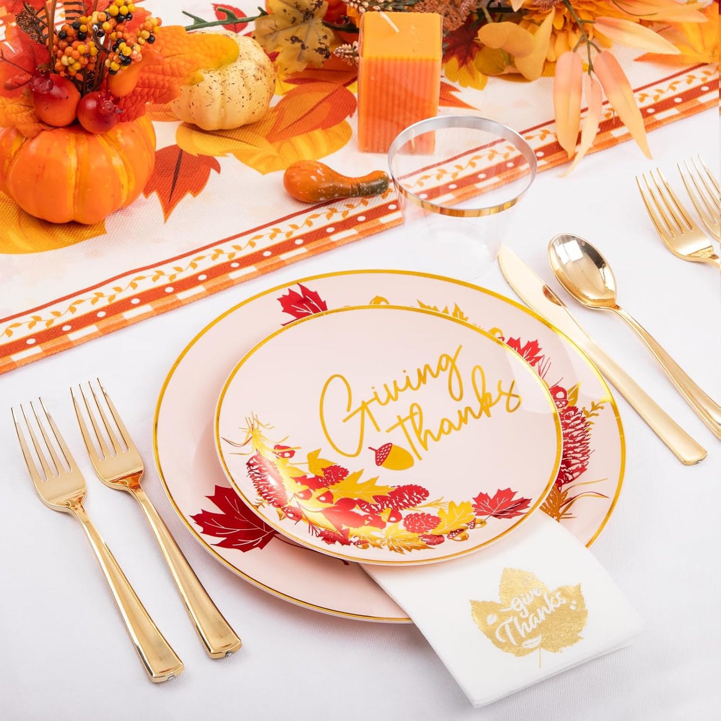 Morejoy 175PCS Thanksgiving Plastic Plates, Pink Gold Plastic Plates Disposable Include: 25 Dinner Plates, 25Dessert Plates,25 Cups,25 Forks,25 Knives,25 Spoons,25 Napkins,Perfect for Thanksgiving.