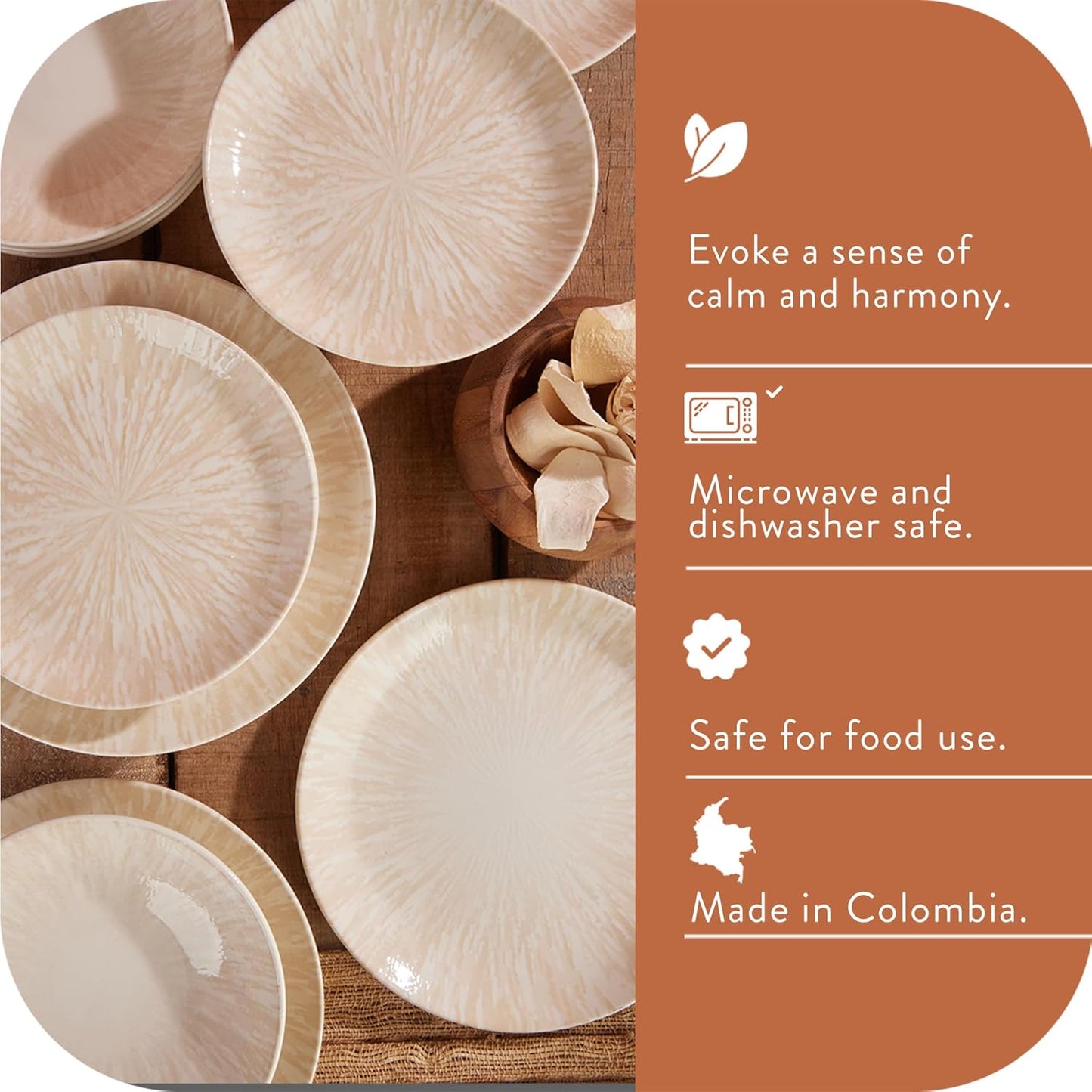 Corona 12-Piece Light Sandy Beige Ceramic Dinnerware Sets, Plates and Bowls, Service For 4, Nyssa