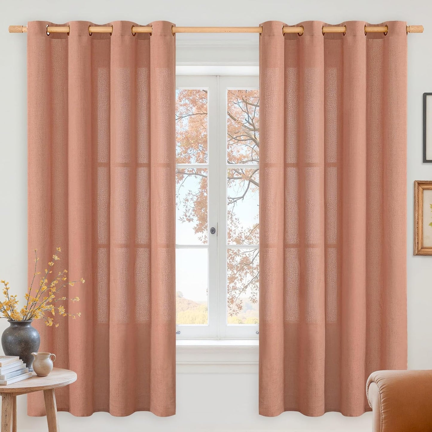 YoungsTex Brick Linen Curtains 68 Inch Length for Living Room, Terracotta Light Filtering Window Drapes with Bronze Grommet Privacy for Bedroom Fall Decorative, 52 x 68 Inch, 2 Panels