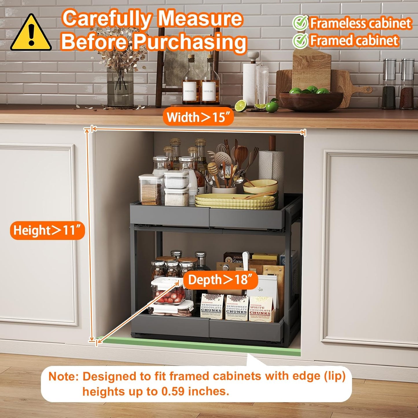 Golener Pull Out Cabinet Organizer - 2 Tiers Expandable Pull-Out Drawers for Kitchen Cabinets, 2 Slide Metal Home Storage Organizers, Slide Out Shelves for Base Cabinet Organization in Kitchen, Black