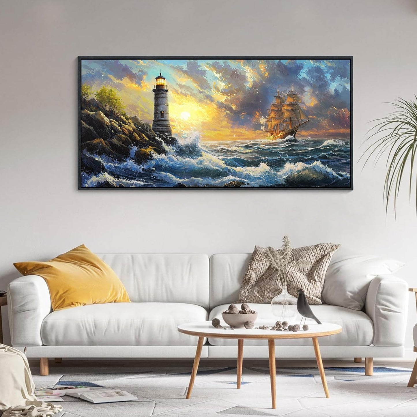 CHATYOUNG Large Wall Art Living Room, Ocean Sunrise Big Waves Wall Pictures Beach Sailboat Lighthouse Landscape Canvas Framed Paintings for Bedroom Kitchen Office Home Artwork Decor 24x48 IN