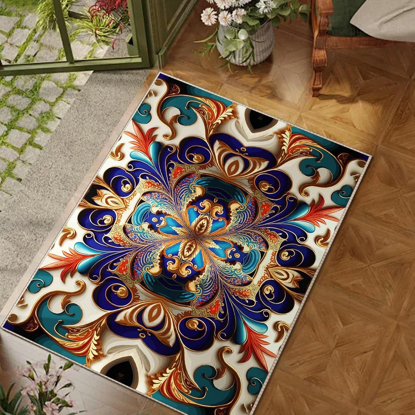 Washable Entrance Door Mat, Non-Slip Vintage Hallway Rug Runner with Upgrade Rubber Backing, Stain Resistant Faux Wool Distressed Carpet Runner for Bedroom, Kitchen, Laundry, Entrance (35.4" x 23.6")