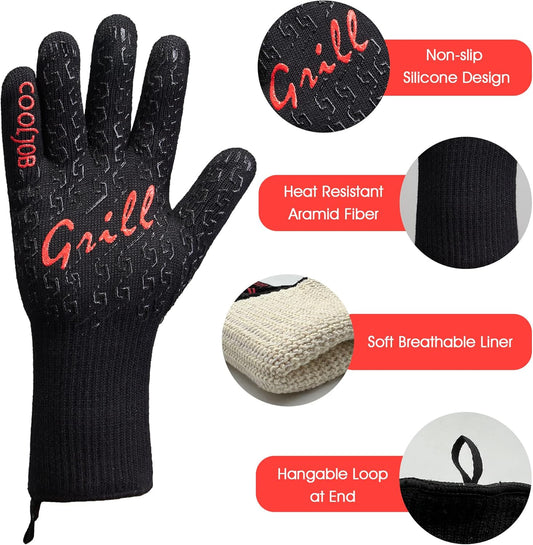 COOLJOB Heat Resistant BBQ Gloves for Hot Temperature Cooking, Barbecue Grilling or Baking Bread Pizza, 800 Degrees Safe Oven Mit with Fingers, Aramid Fiber with Silicone Grip, One Size, Black
