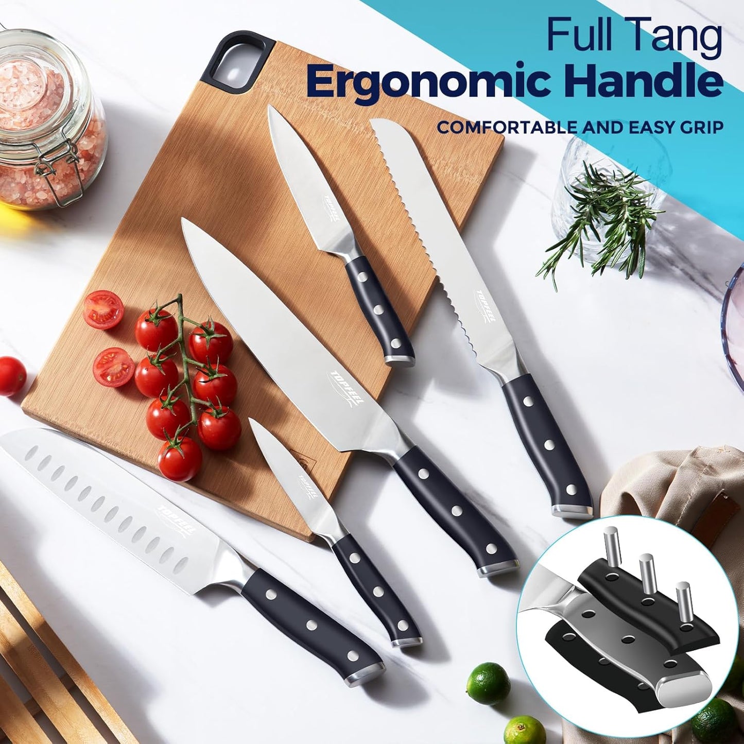 6Pcs Kitchen Knife Set with In-Drawer Bamboo Knife Organizer- 3.5-8 Inch Set Kitchen Knives German High Carbon Stainless Steel Sharp Knife, Knives Set for Kitchen with Ergonomic Handle