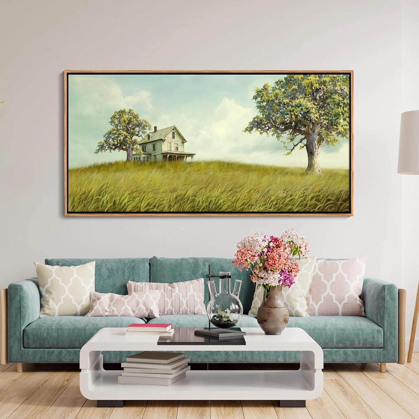 YCPRIMER Large Canvas Wall Art - Village Landscape Decor Retro Farmhouse Picture Yellow Tree Painting Artwork for Dinning Room,Living Room,Kitchen Framed Decoration Size 29×58Inch