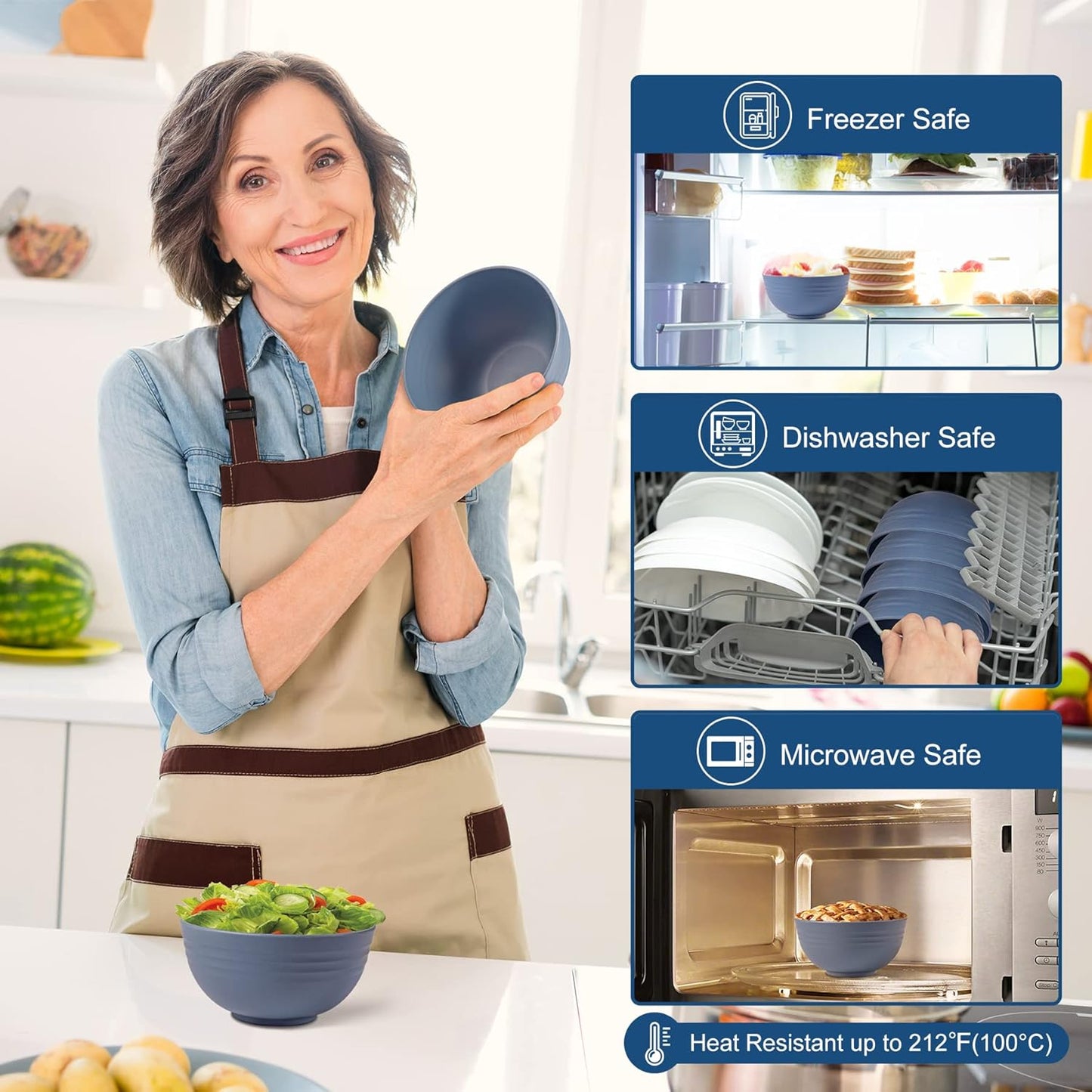 HOTEC BPA Free Unbreakable Wheat Straw Cereal Bowls - Microwave & Dishwasher Safe Soup and Salad Bowls, Set of 8, 26oz, Classic Blue