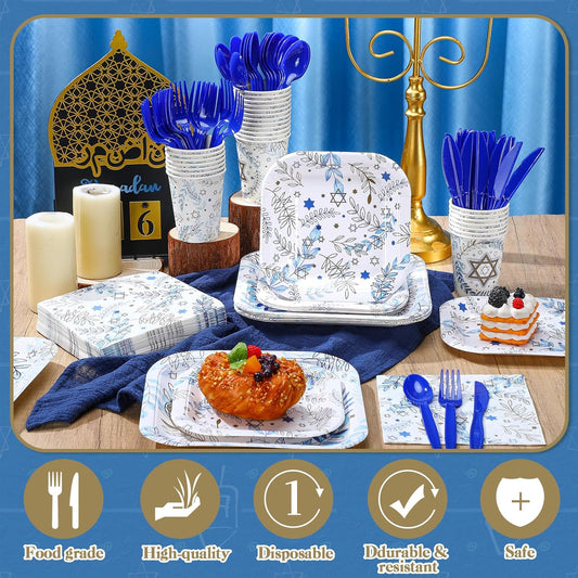 350 Pcs Paper Plates and Napkins Set Disposable Dinnerware Party Supplies Tableware Serve 50 Guest Cups Knife Forks Spoon(Blue, Gold and White,Hanukkah)