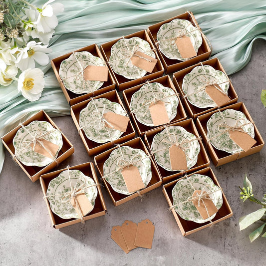12 Pcs Wedding Favors for Guests Small Ceramic Bowl Bulk Gifts Set 3.3 Inch Floral Design Mini Dipping Bowl Sauce Dish with Cards Box for Bridal Baby Shower Birthday Guest Gift (Sage Green)