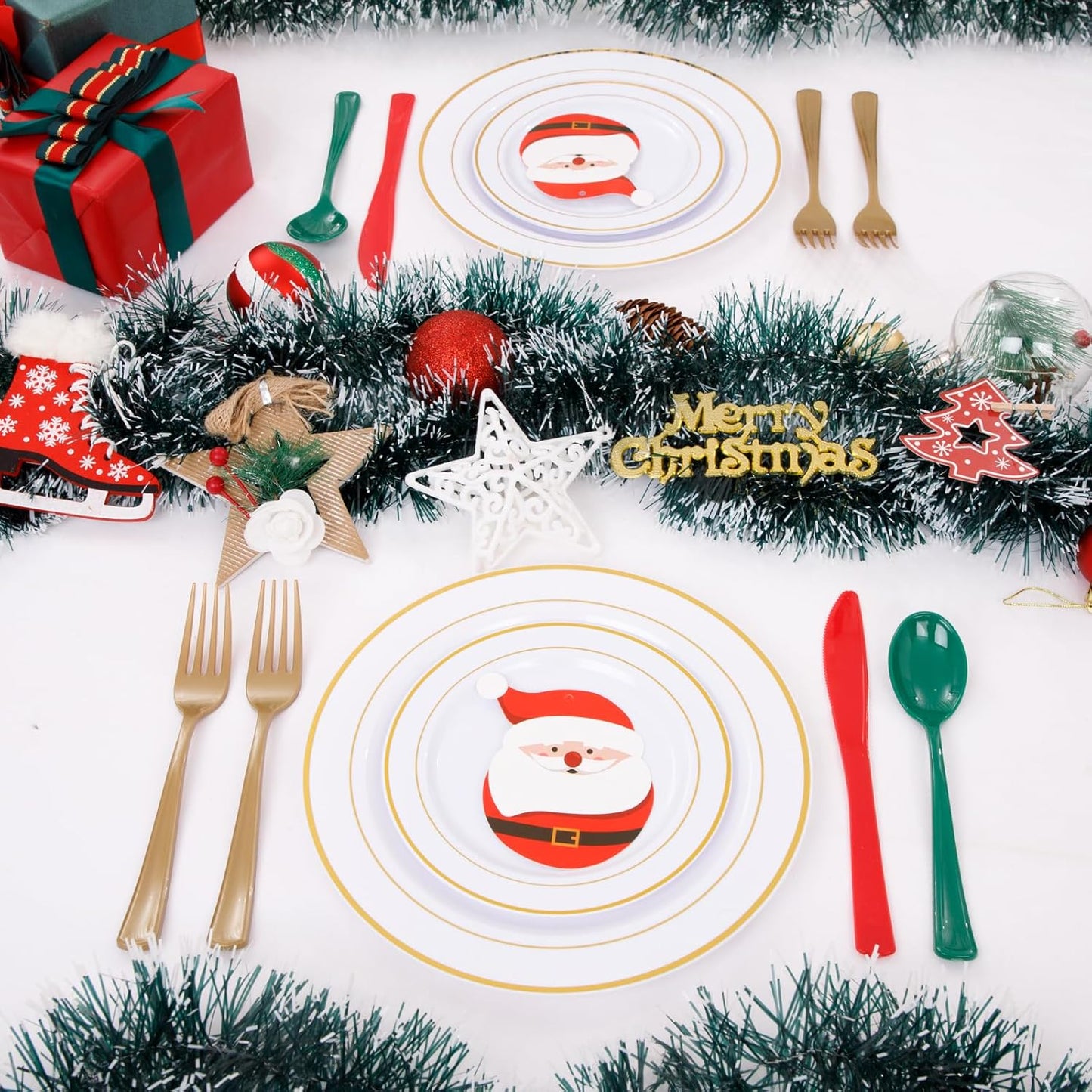 WDF 180 Pieces Plastic Christmas Silverware - Disposable Cutlery Set Incluede 60 Gold Forks, 60 Red Knives and 60 Green Spoons - Heavy Duty Plastic Flatware - Disposable Utensils for Christmas