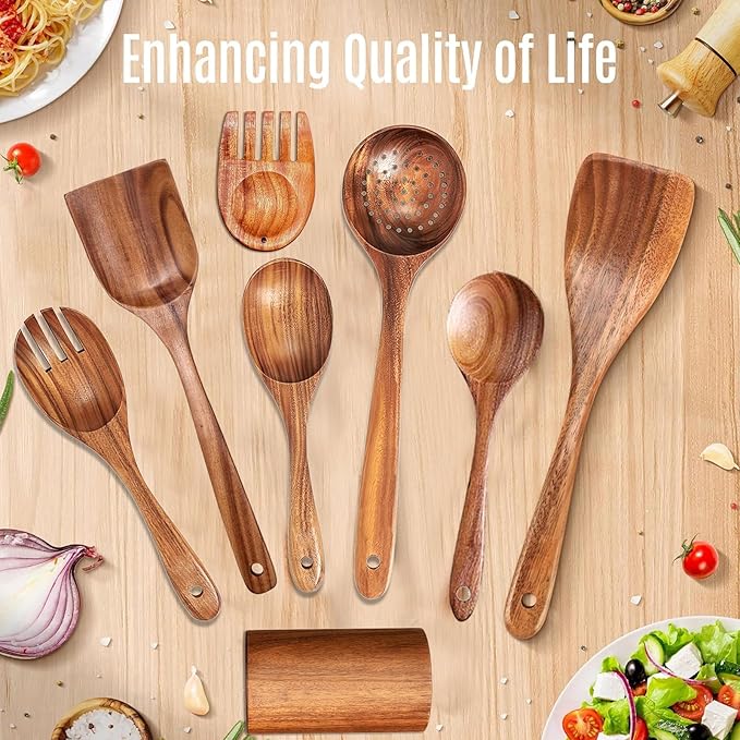 8 PCs Teak Wooden Utensil Set with Hooks, Wooden Spoons for Cooking, Wood Cooking Utensils Set, Comfort Grip, Non Stick Cookware, Easy to Clean, Kitchen Stuff, Wood Spatula